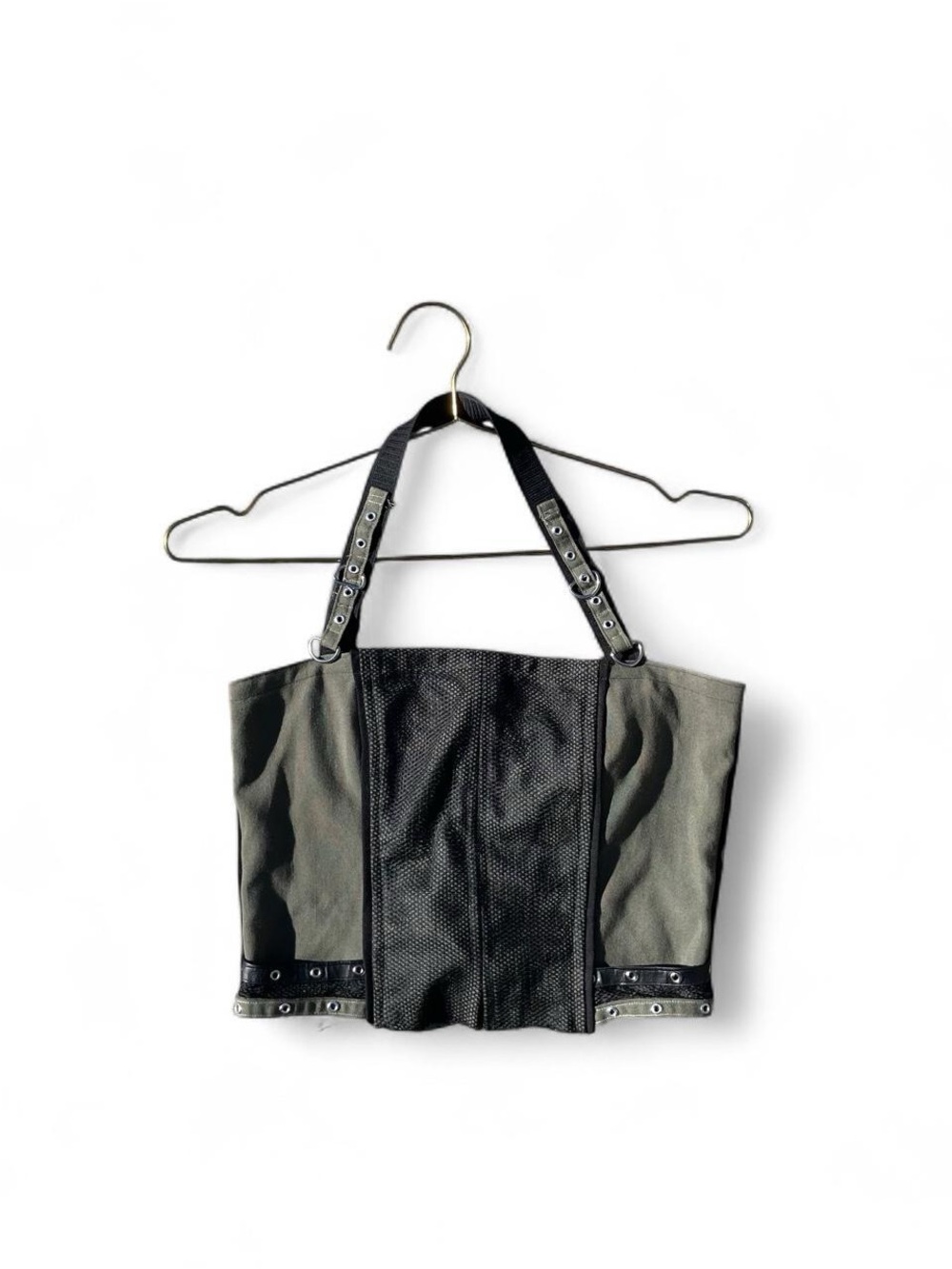 Black Olive Grommet Halter Corset Top Lace-Up Back S/M